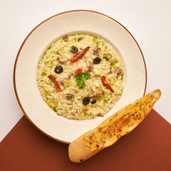Fettuccine Gorgonzola with garlic bread for restaurant menu