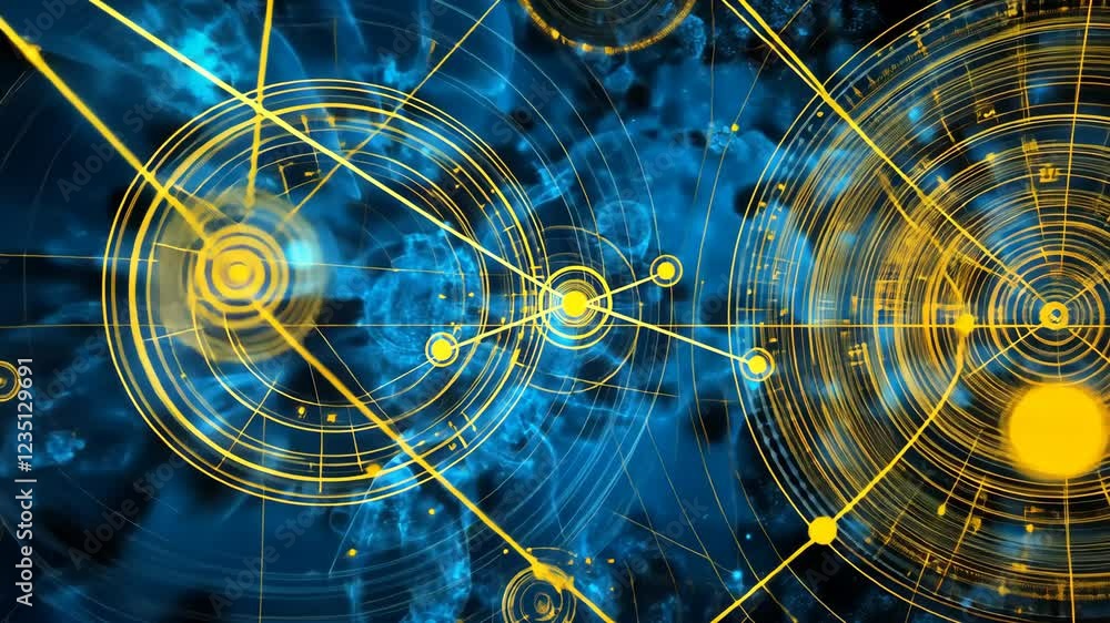 Poster abstract visual representation of interconnected lines and circles on a dark background illustrating