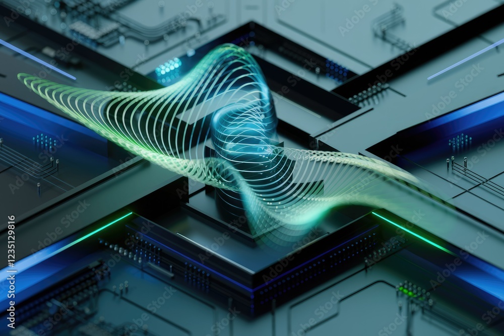 Poster Abstract digital data stream flowing over a circuit board, representing technology and connectivity.