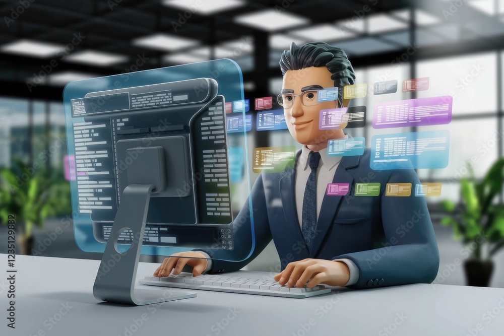 Aufkleber A 3D cartoon businessman codes on a transparent computer screen showing lines of code, representing software development.