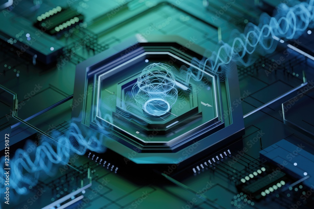 Poster Abstract digital data flow visualized on a futuristic circuit board, showcasing technological innovation.