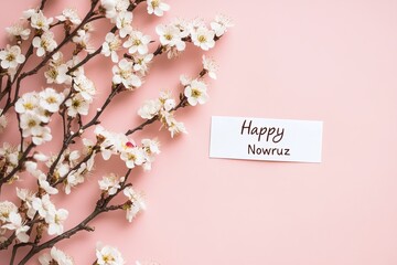 Fototapeta premium Branches of white blossoms with Happy Nowruz text on vibrant backgrounds, AI generated image