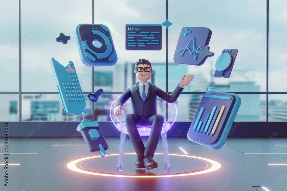 Poster a 3d cartoon businessman sits in a transparent chair surrounded by digital interface elements, repre