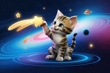 Adorable tabby kitten in space reaches for a shooting star, surrounded by planets and galaxies.