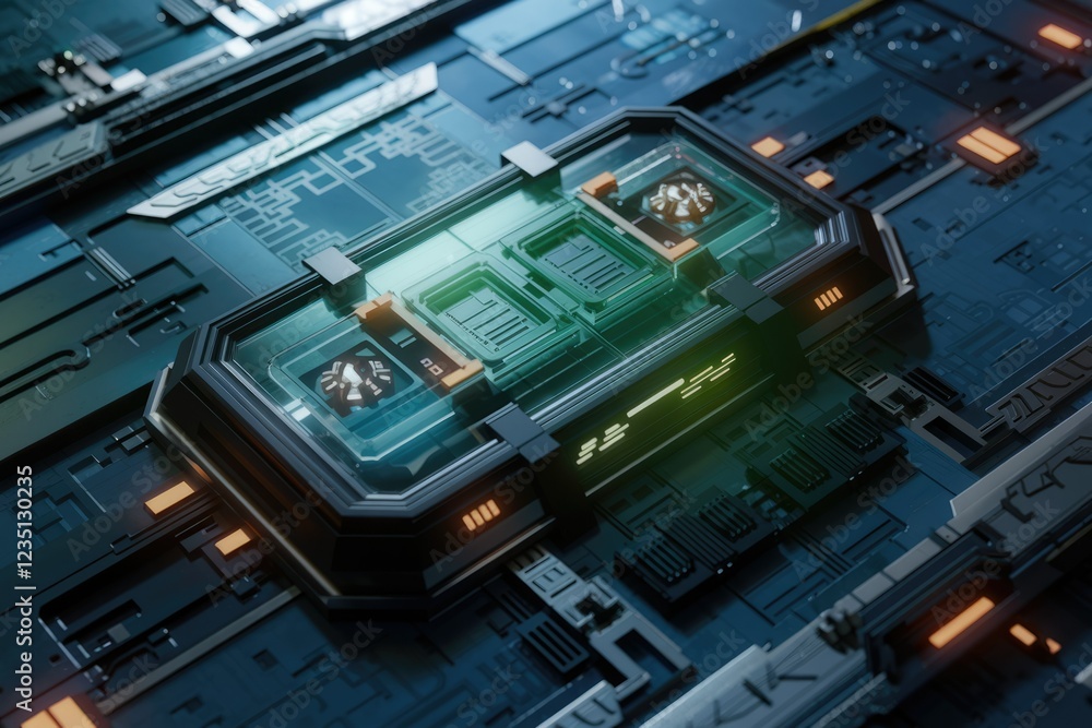 Poster futuristic tech, advanced circuitry, glowing components, and intricate design details.