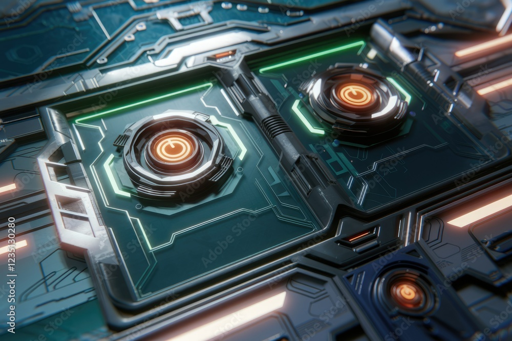 Aufkleber Futuristic tech panel with glowing power buttons and intricate circuitry, showcasing advanced technology.