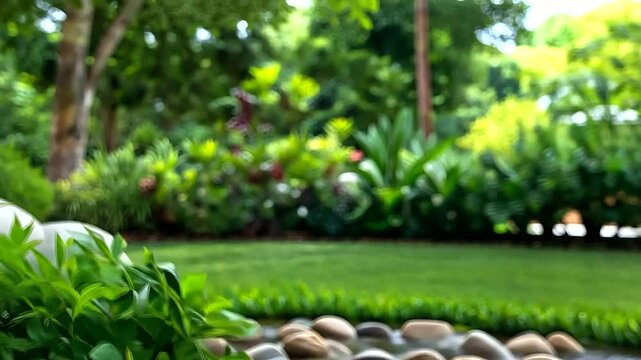 Piles of smooth river stones and gravel arranged in a beautifully landscaped outdoor garden, blending seamlessly with lush greenery and decorative plants, showcasing their versatil