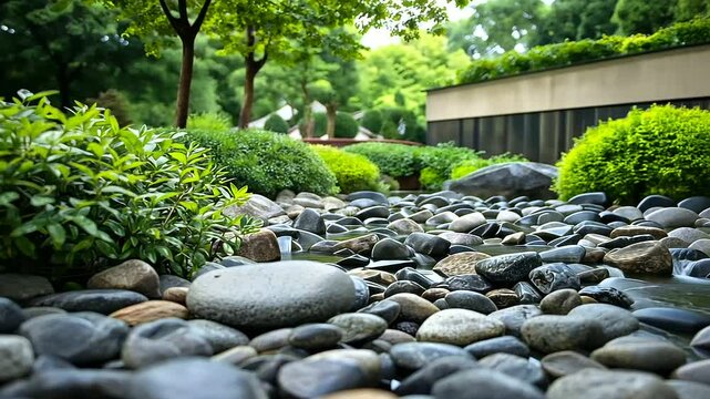 Piles of smooth river stones and gravel arranged in a beautifully landscaped outdoor garden, blending seamlessly with lush greenery and decorative plants, showcasing their versatil
