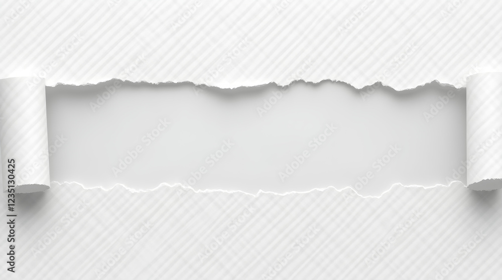 Poster torn white paper with rolled edges reveals blank space: minimalist texture background design element