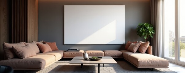 Modern sofa faces blank wall, projector screen implied, interior design, wall