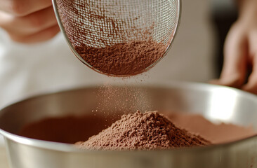  close-up of cocoa powder being sifted into a mixing bowl for baking

