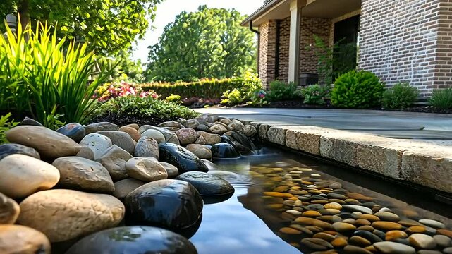 Decorative piles of river stones and colorful gravel arranged around a tranquil water feature in a modern backyard, emphasizing versatility in landscaping design.