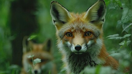 Fototapeta premium A lovely red fox (Vulpes vulpes) facing the camera with adorable eyes in green summer nature. -