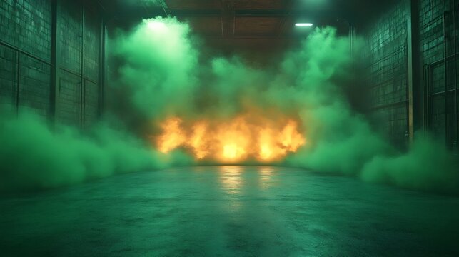 A room with a green smoke and yellow fire