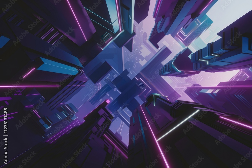 Poster abstract futuristic cityscape with vibrant neon lights illuminating towering geometric structures.
