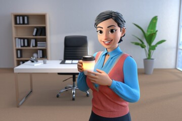 A cheerful cartoon businesswoman holding a glowing coffee cup in her office.