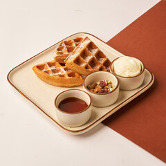 waffle with ice cream and syrup for restaurant menu