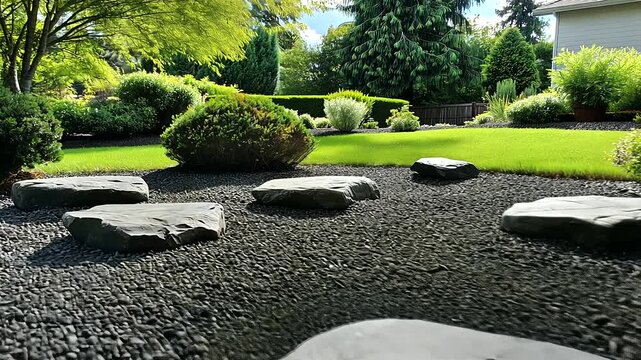 Piles of river stones and gravel creatively arranged in a Zen garden setting, symbolizing tranquility and versatility in outdoor decor.