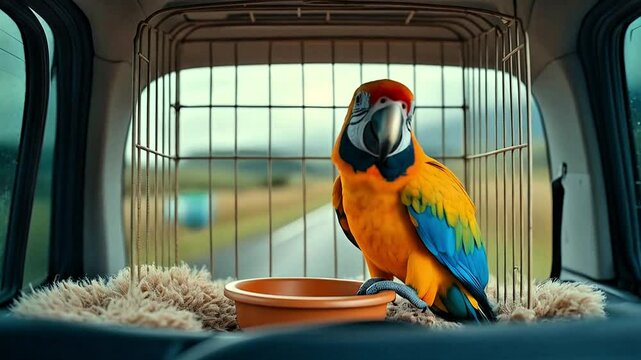 parrot in car in bird carrier