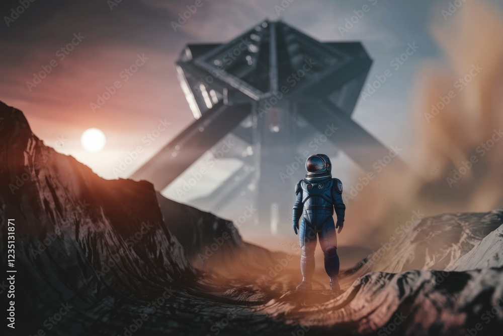 Poster a lone astronaut explores a desolate alien landscape, dwarfed by a massive, futuristic structure und