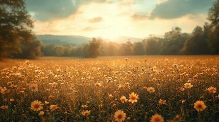 Obraz premium Golden Hour Field Of Daisies Sunset Landscape