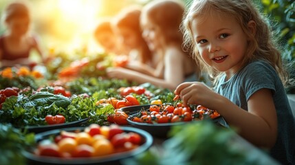 Children sorting produce at outdoor market