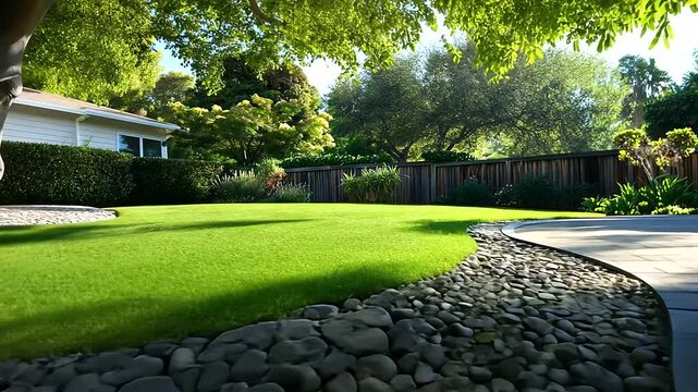 River stones and gravel used as a decorative ground cover around a large tree in a landscaped backyard, adding elegance and functionality to the space.