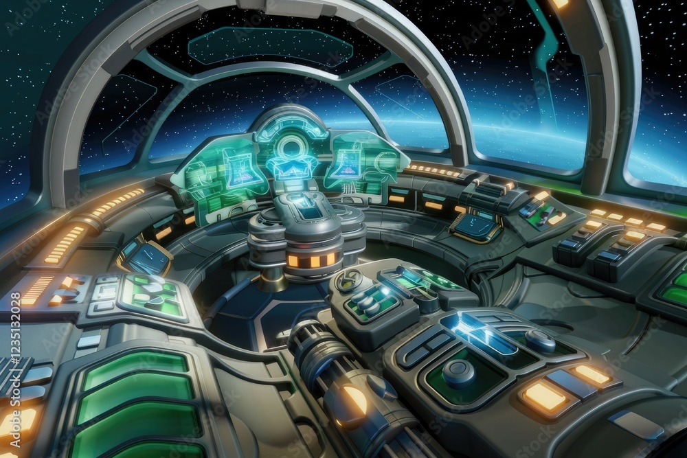 Poster futuristic spaceship cockpit with advanced technology and controls, overlooking a vibrant planet fro