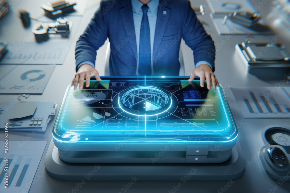 Aufkleber Businessman interacts with holographic interface displaying global data and analytics.