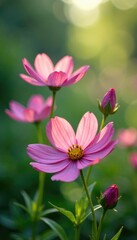 Obraz premium Gentle cosmos blooms sway in the gentle breeze amidst lush greenery, nature photography, cosmic flowers