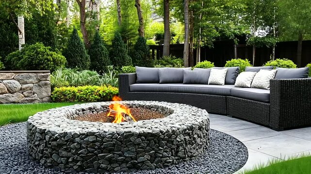 A luxurious outdoor fire pit area with river stones and gravel forming a decorative base, surrounded by comfortable seating and modern landscaping.