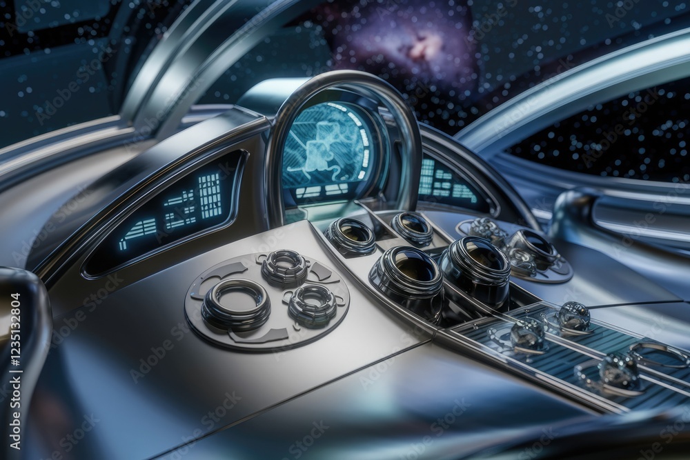 Aufkleber Futuristic spaceship cockpit interior with advanced controls and navigation system displaying a starfield.