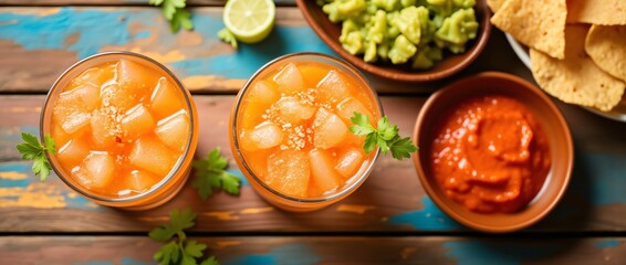 Fototapeta premium Cold mexican margarita cocktails with lime and salt on colorful tablecloth with red guacamole in small bowl. Festive drink for Cinco de Mayo celebration, Mexican Independence Day, Latin festival