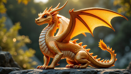 Fototapeta premium Majestic Golden Dragon Resting on a Sunlit Rock in a Fantasy Landscape