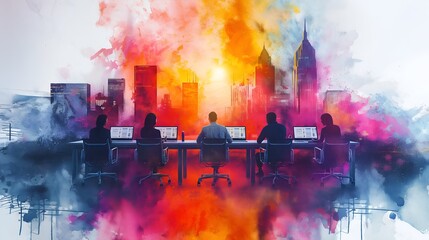 A Vibrant Watercolor Illustration of a Virtual Meeting, Perfect for Presentations on Modern Communication, Online Collaboration, and Remote Work.