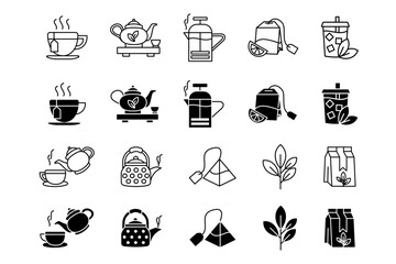 Tea brewing icon set. Tea ceremony illustration. Cup, teapot and kettle sign. Bags and package with leaves symbol.