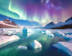 Icebergs at Fjallsarlon laggon at night with northern lights, Iceland (AI generated)