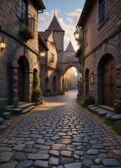 Fototapeta premium Cobblestone streets leading to a medieval town gate, narrow alleys, old town center, old fortifications