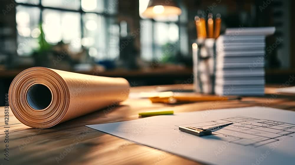 Poster professional workspace with a roll of roofing felt displayed alongside a utility knife and adhesive 