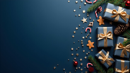 Elegant Navy Blue Christmas Background with Gifts, Ornaments, and Festive Decorations