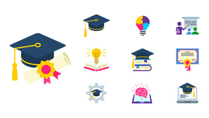 University education color icon set. Student cap with degree certificate sign. Books with light bulb and brain symbol. Teacher pictogram. Graduation hat illustration.