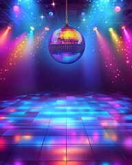 Classic disco ball hanging in a vibrant club with colorful lights illuminating the dance floor.