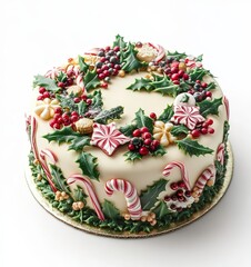 Festively decorated Christmas cake with holly and candy canes on a white background