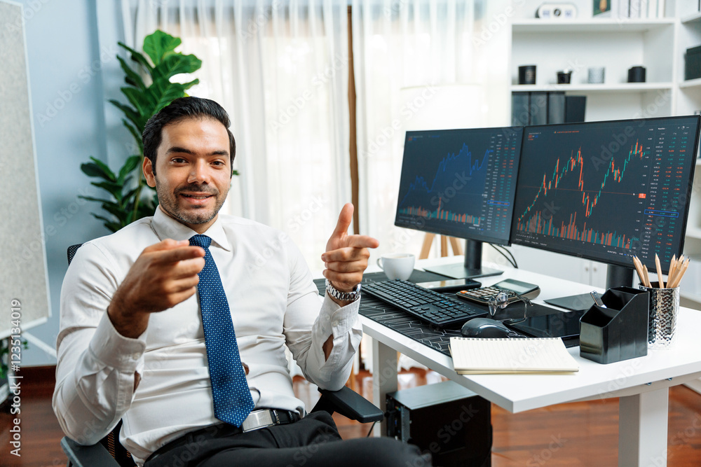 Poster profile of successful in trader businessman looking at camera with two stock exchange investment scr