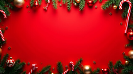 Red Christmas Background with Ornaments Candy Canes and Pine Branches Festive Holiday Border Design