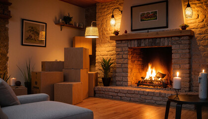 Cozy living room with fireplace and moving boxes, warm housewarming