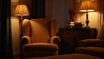 Cozy armchair by warm lamp in nighttime corner, inviting comfort