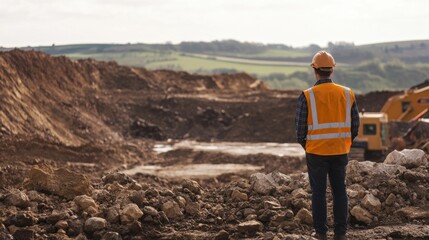 A mining engineer surveying a quarry site, with excavation machinery and rock formations visible, Quarry scene