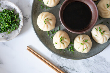 Steamed dumplings arranged on a plate, sprinkled with green onions and served with a soy sauce.