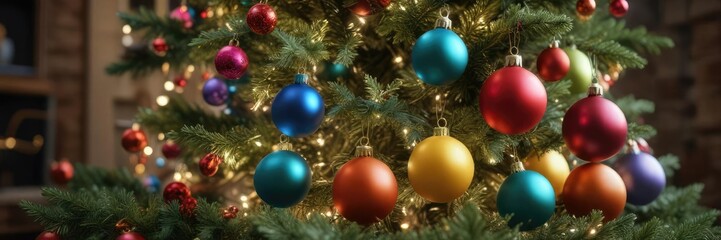 Naklejka premium Colorful Balls Stacked Around the Christmas Tree, stack, snowy, festive